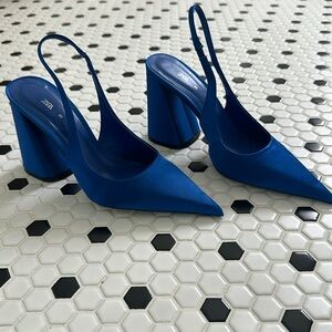 Zara Blue Satin Slingback Pumps